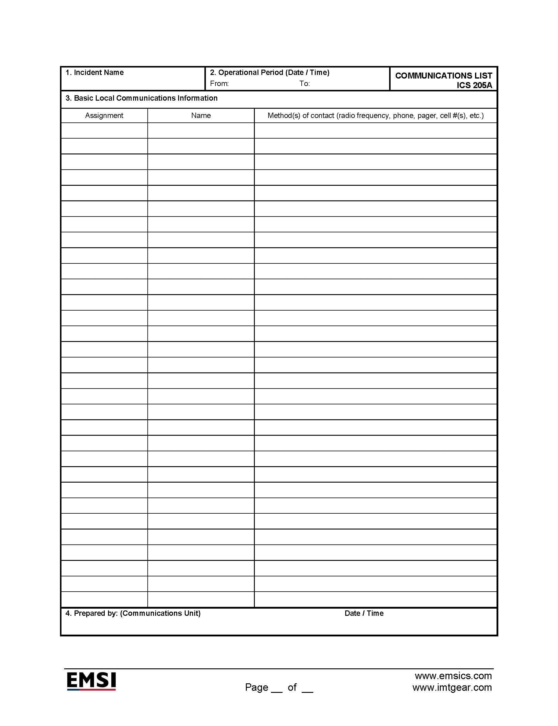 Ics Communication Form ICS-205a Communications List Form Poster