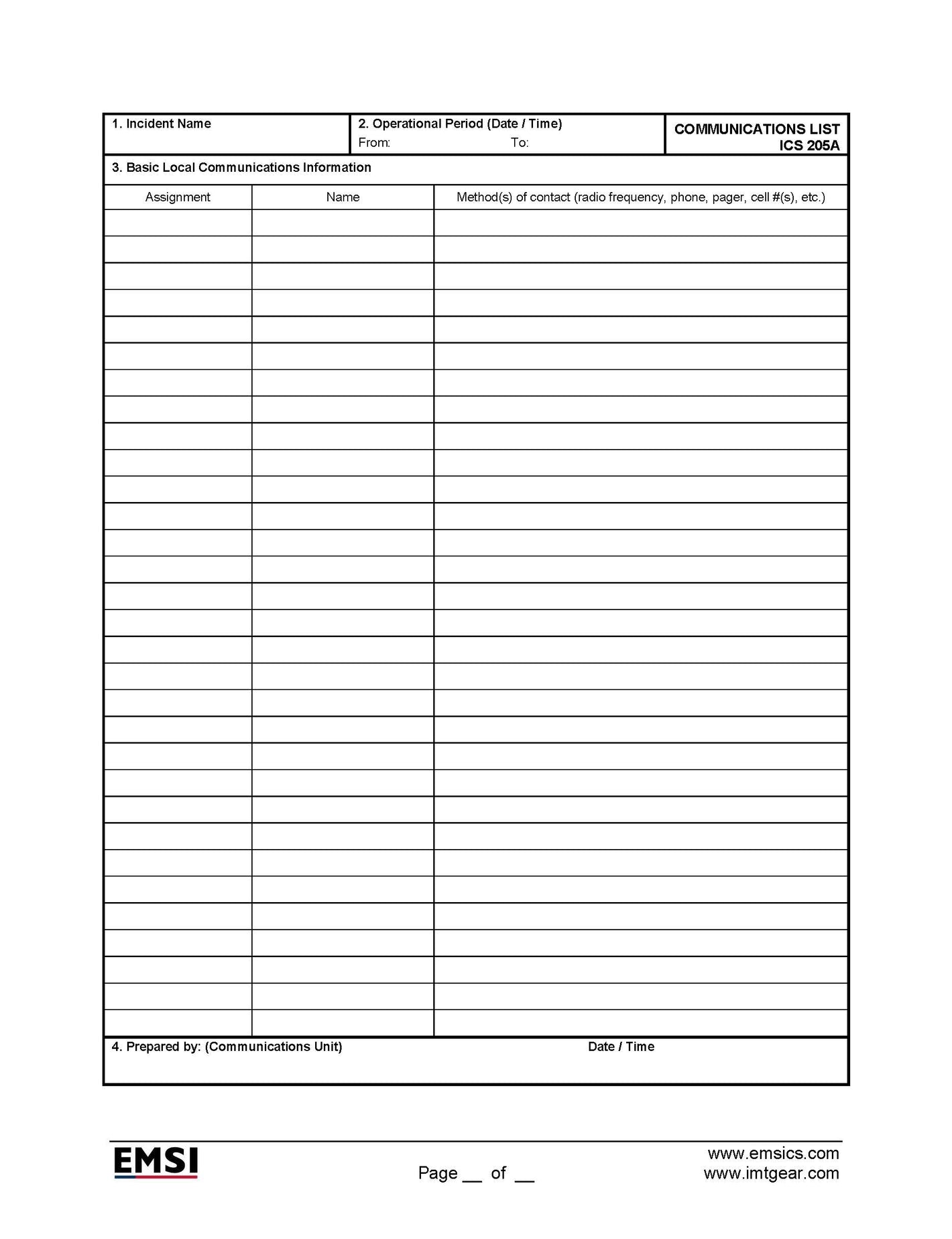 ICS-205a Communications List Form Poster