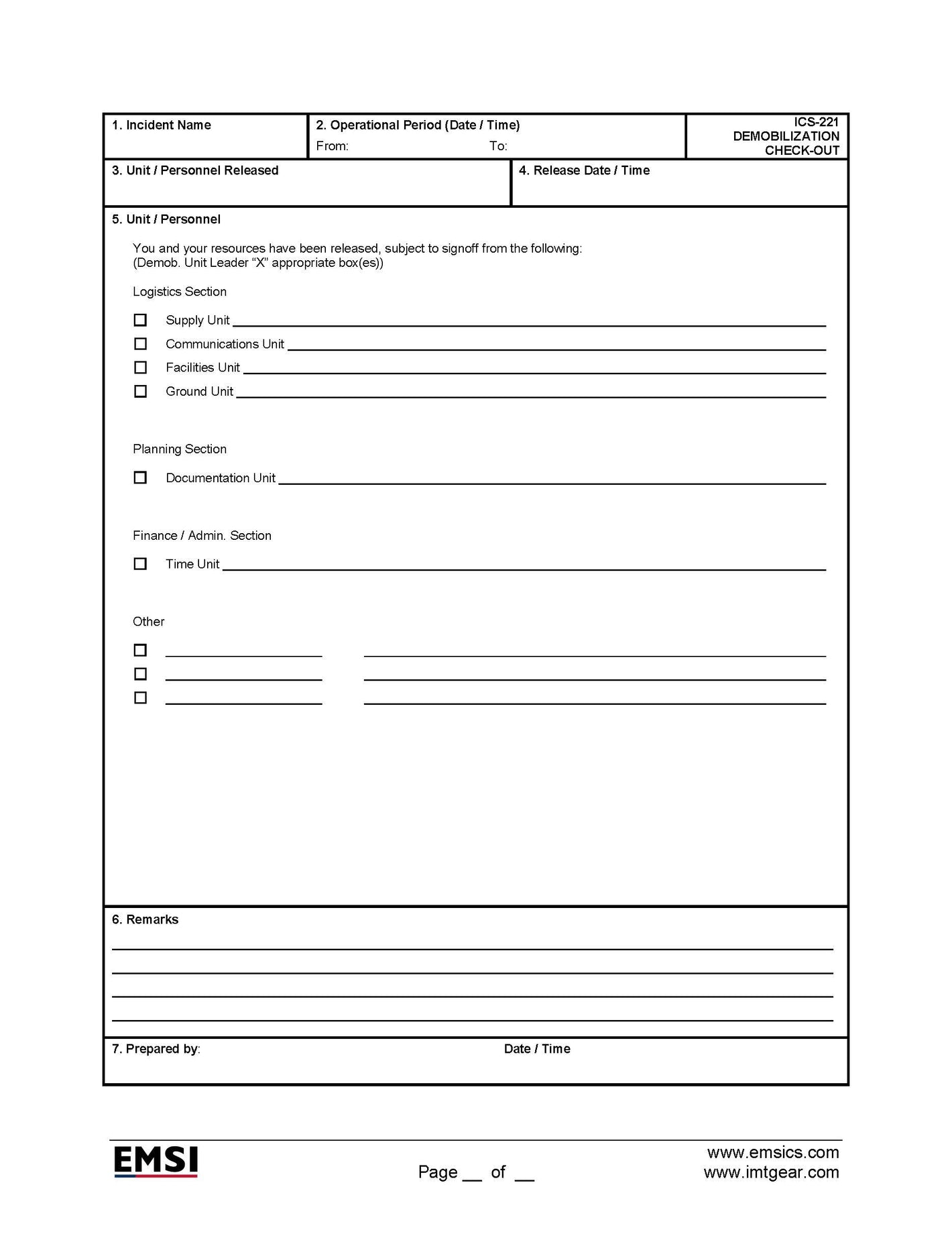 ICS-221 Demobilization Checkout Form Poster
