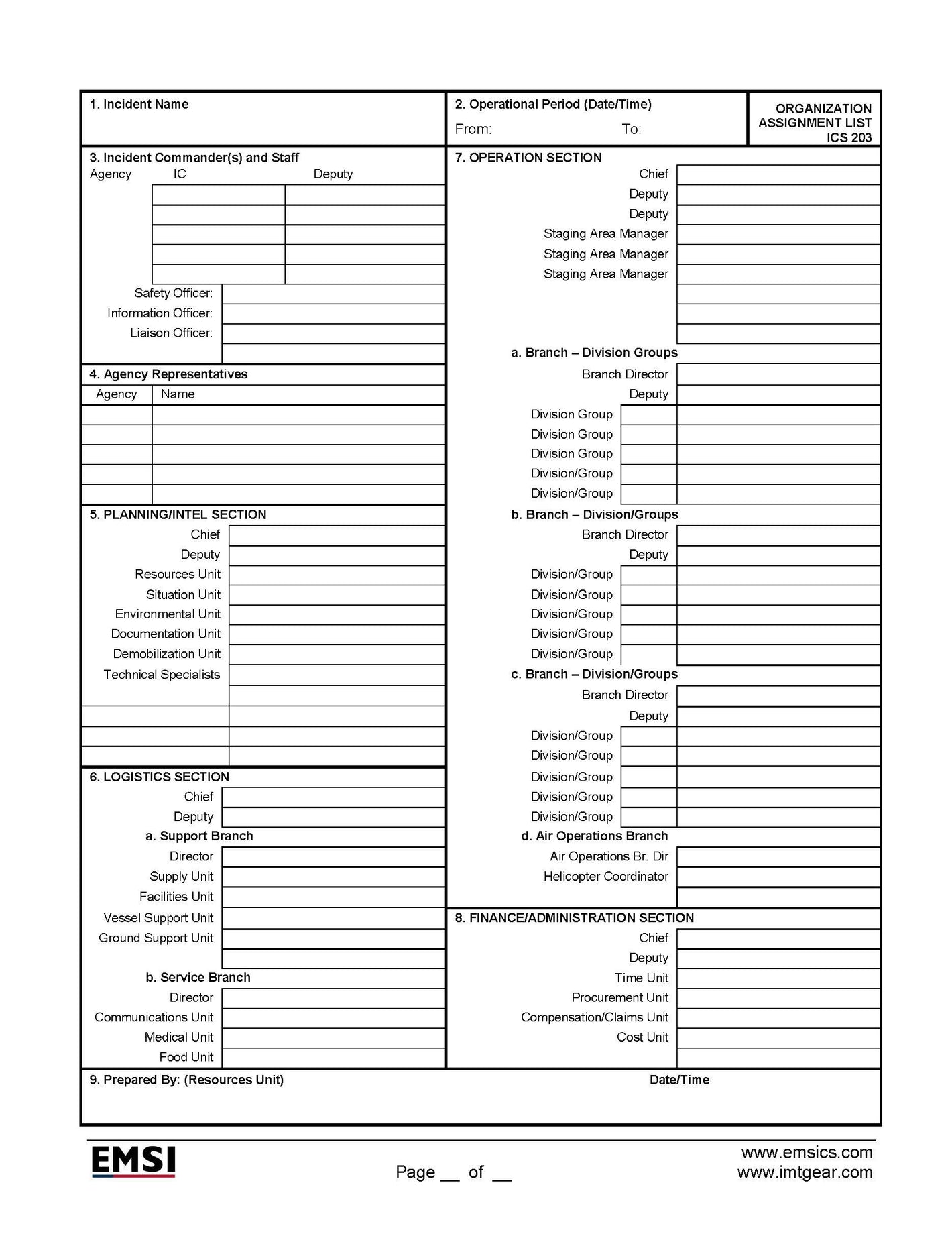ICS-203 Organization Assignment List Form