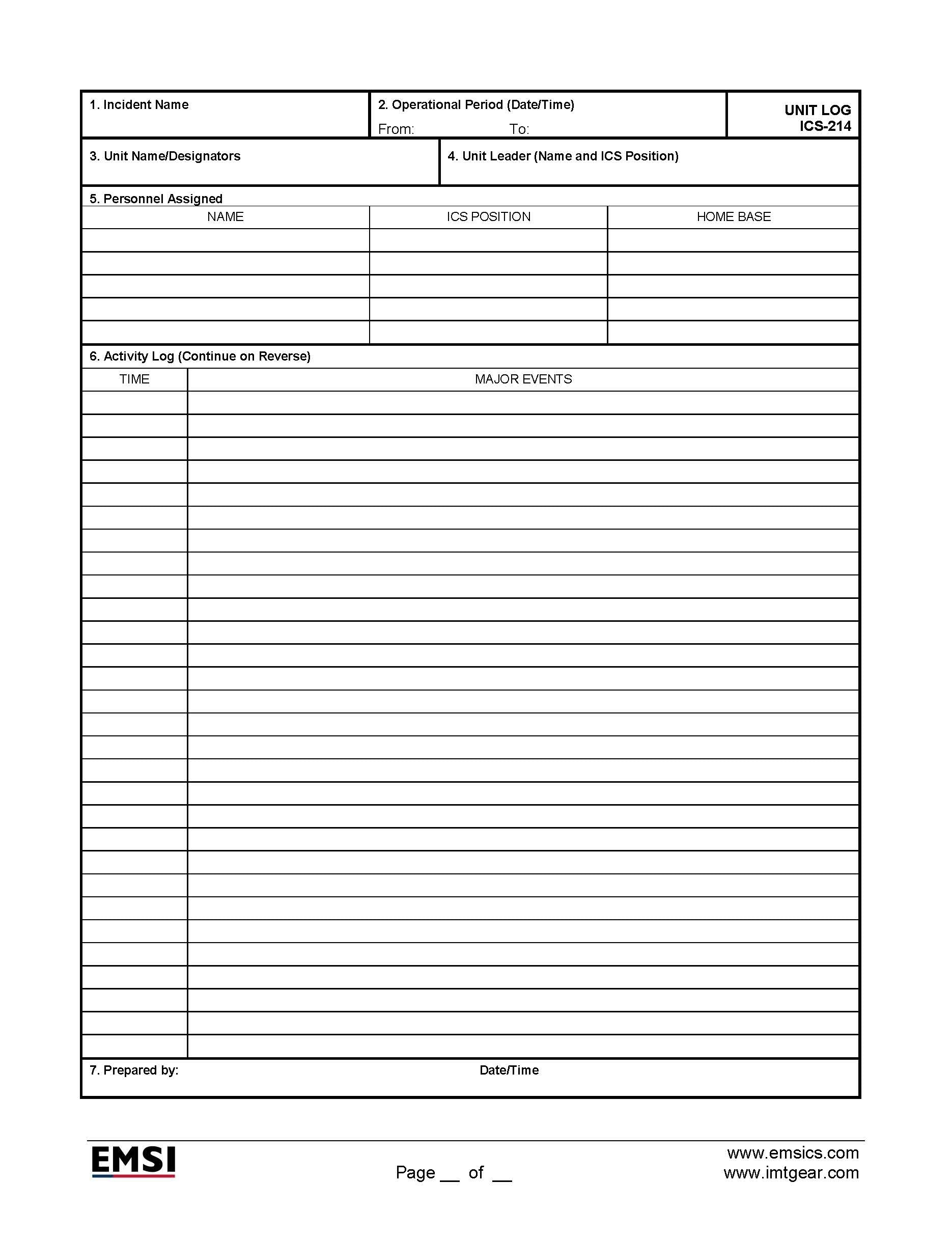 ICS-214 Unit Log Form (2 Pages)