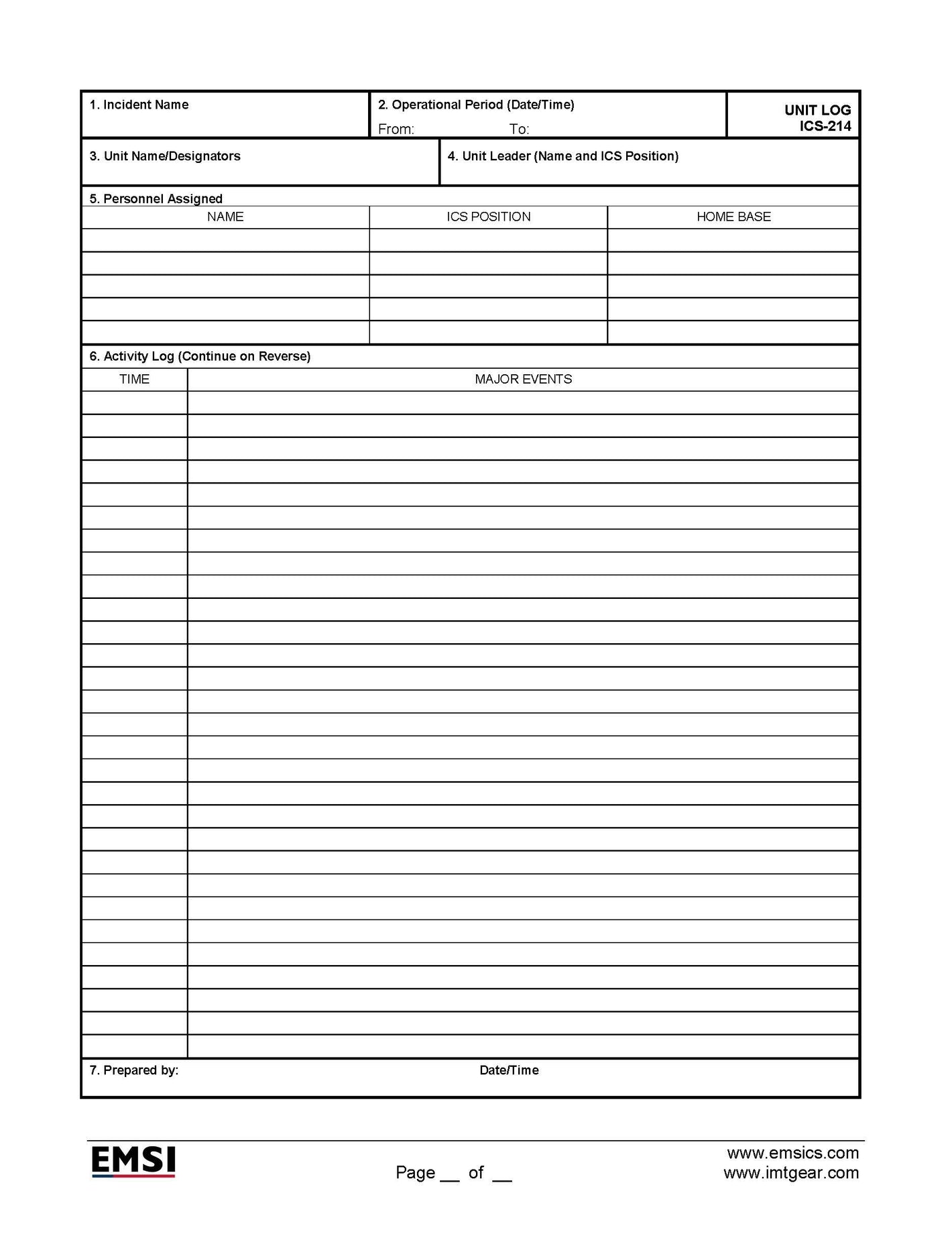 ICS-214 Unit Log Form (2 Pages)