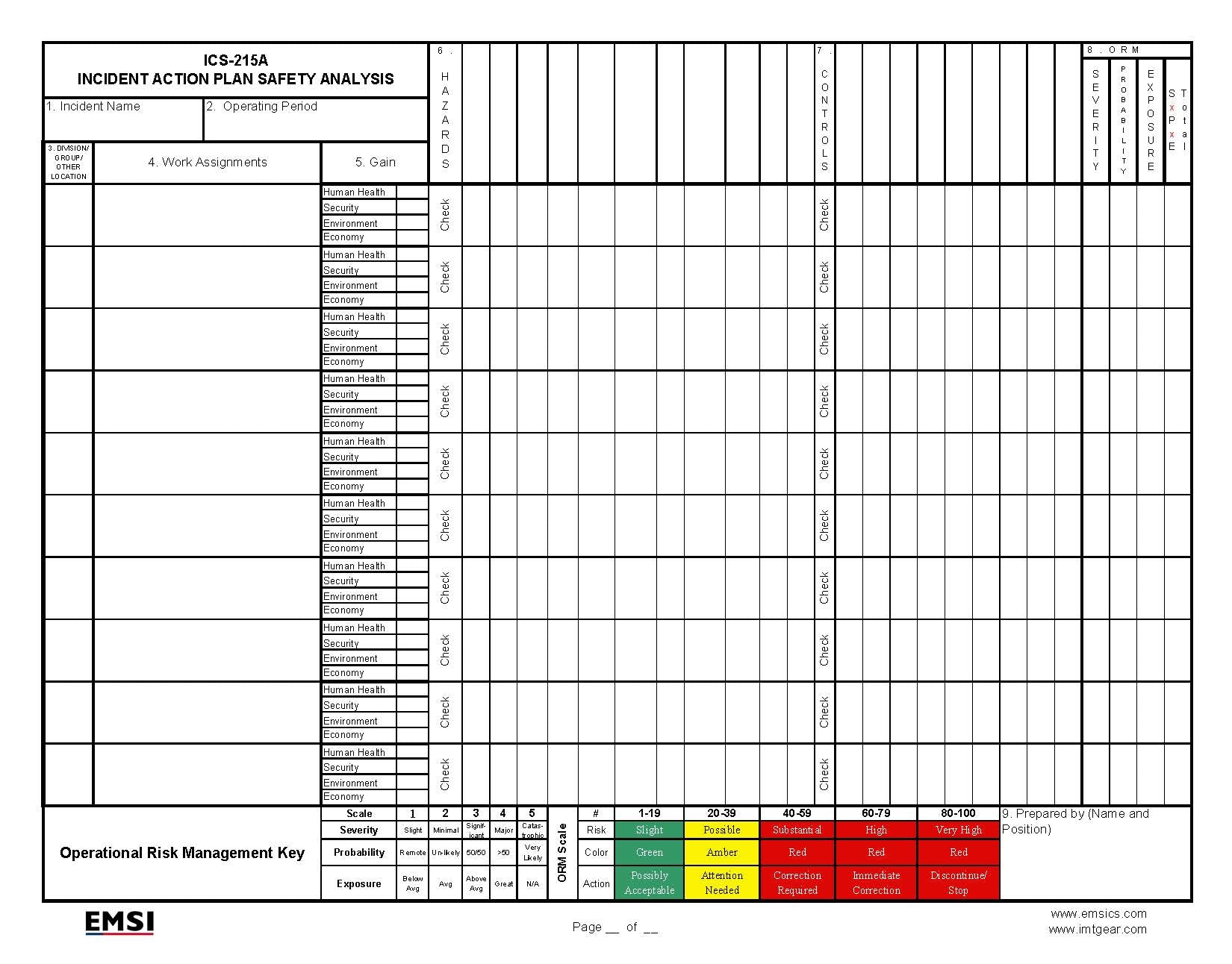 Ics Sheets ICS-215a Hazard/Risk Analysis Worksheet Form