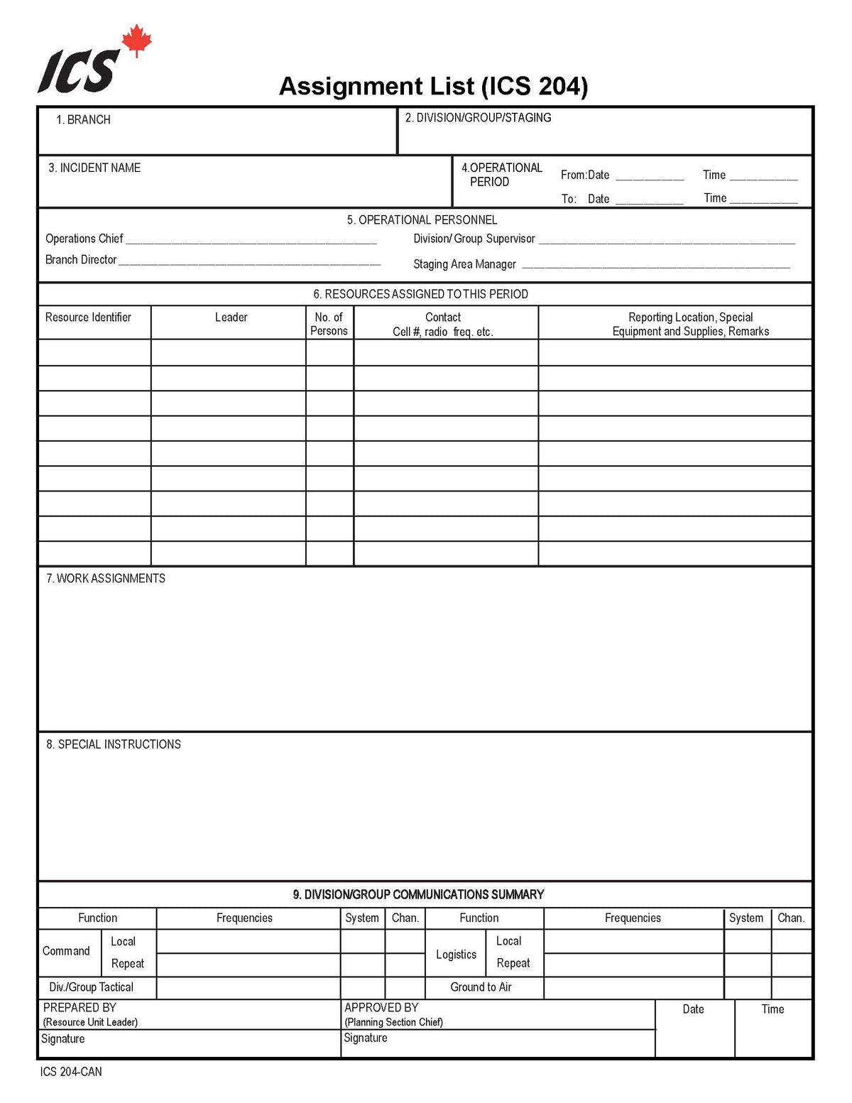 204 Document/form ICS-204 Assignment List Form