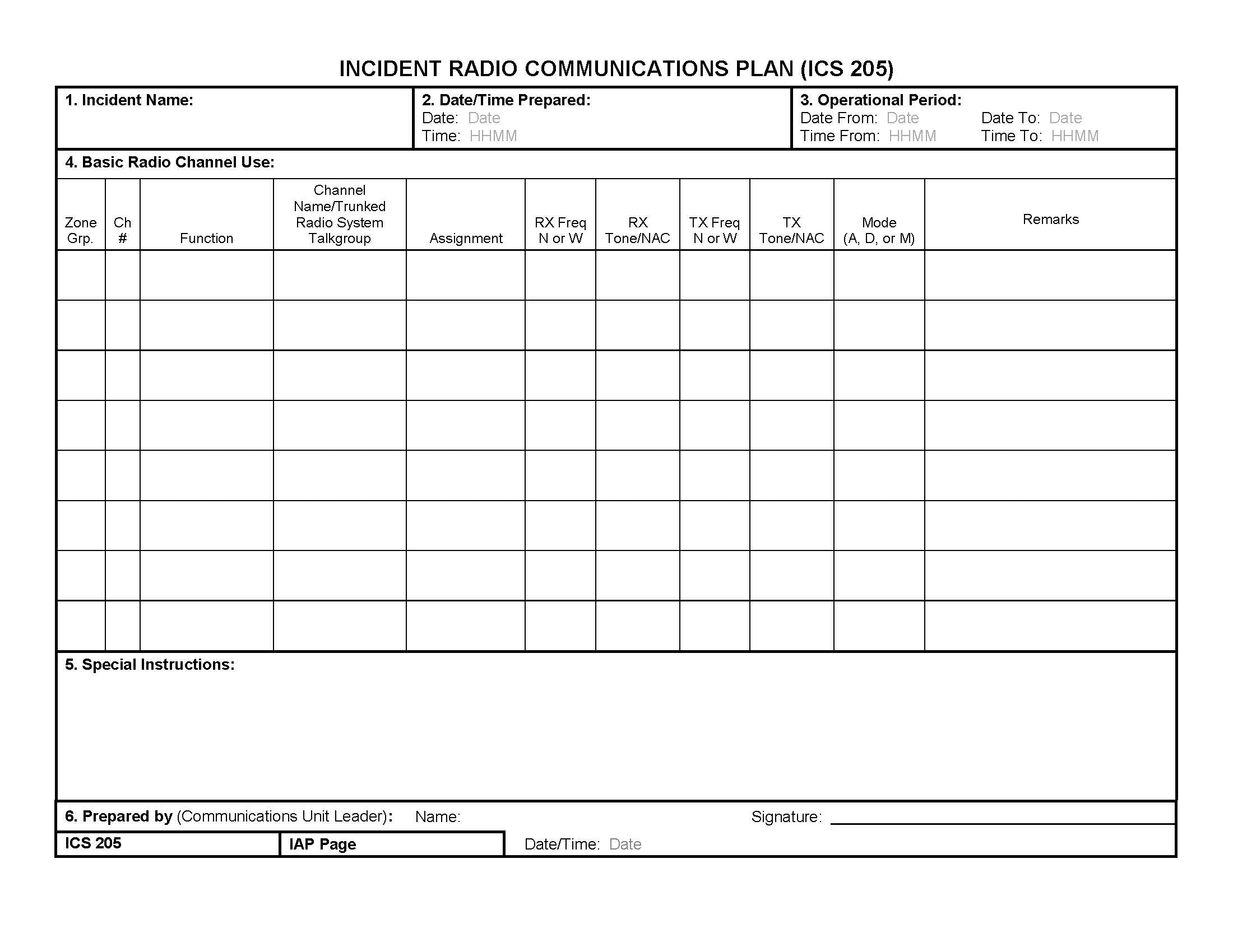 Ics Communication Form ICS-205 Incident Radio Communication Plan Form