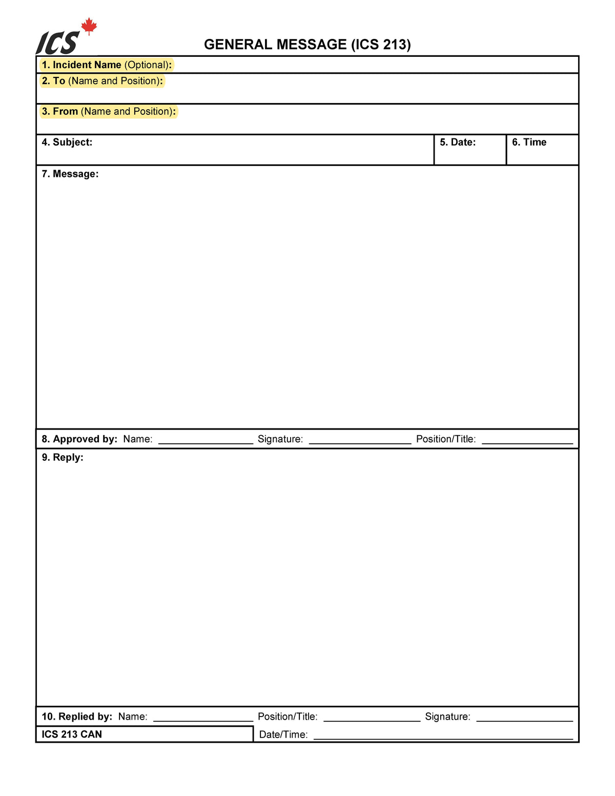 Sample 210 Message ICS-213 General Message Form