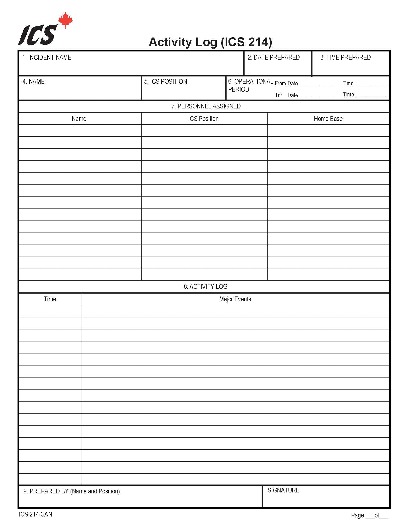 ICS-214 Unit Log Form (2 Pages)