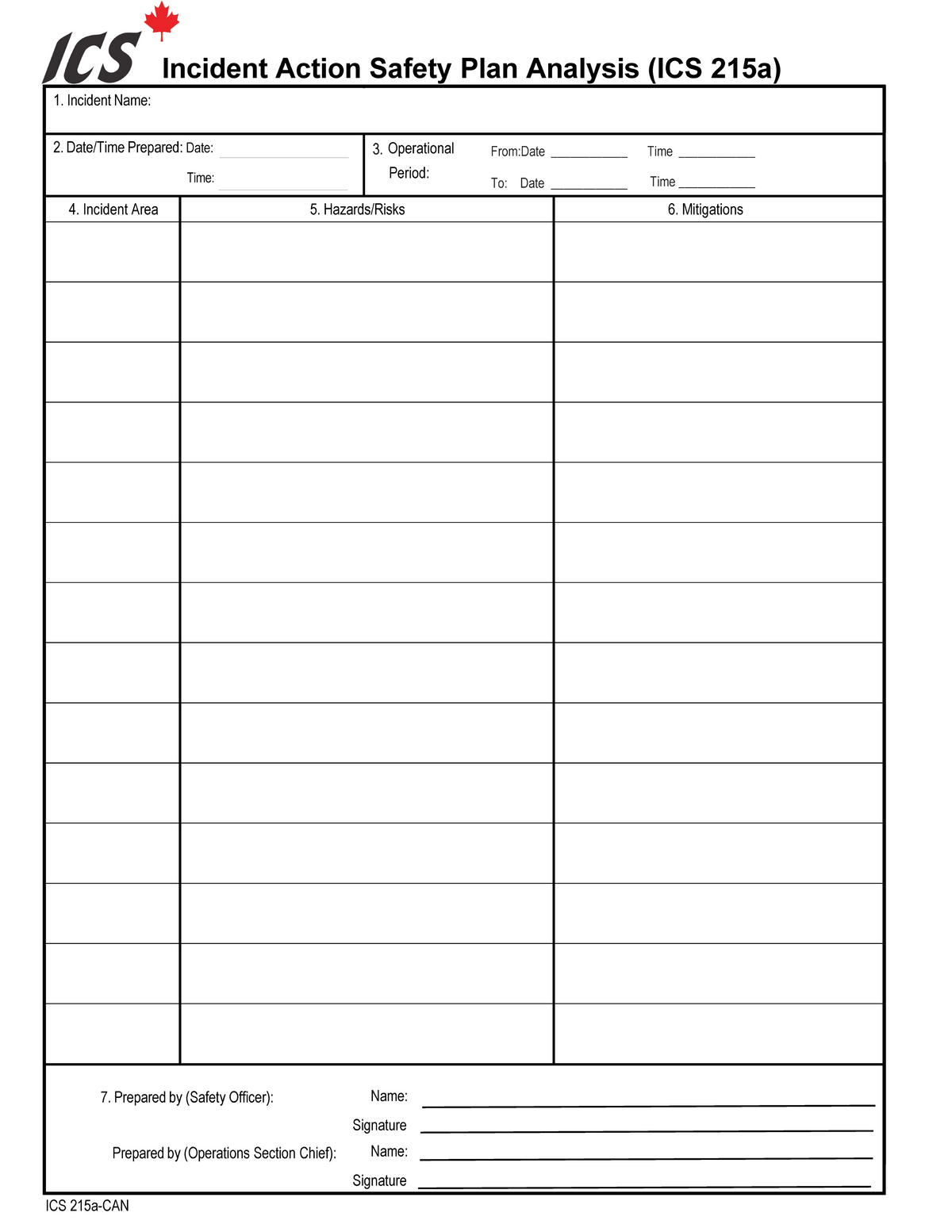 Ics T Cards Form.pdf ICS-215a Hazard/Risk Analysis Worksheet Form
