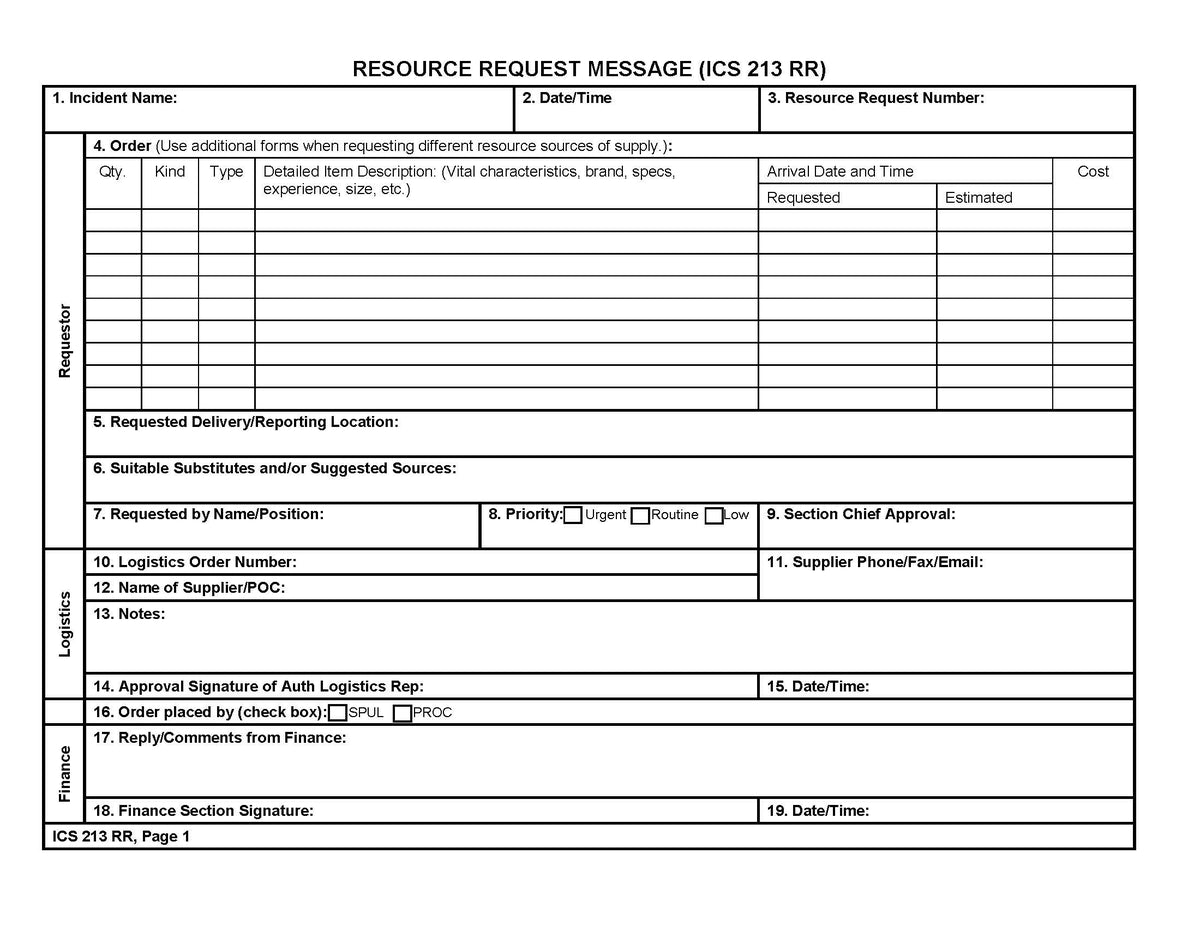 Ics Finance. Message Example ICS-213RR Resources Request Message Form