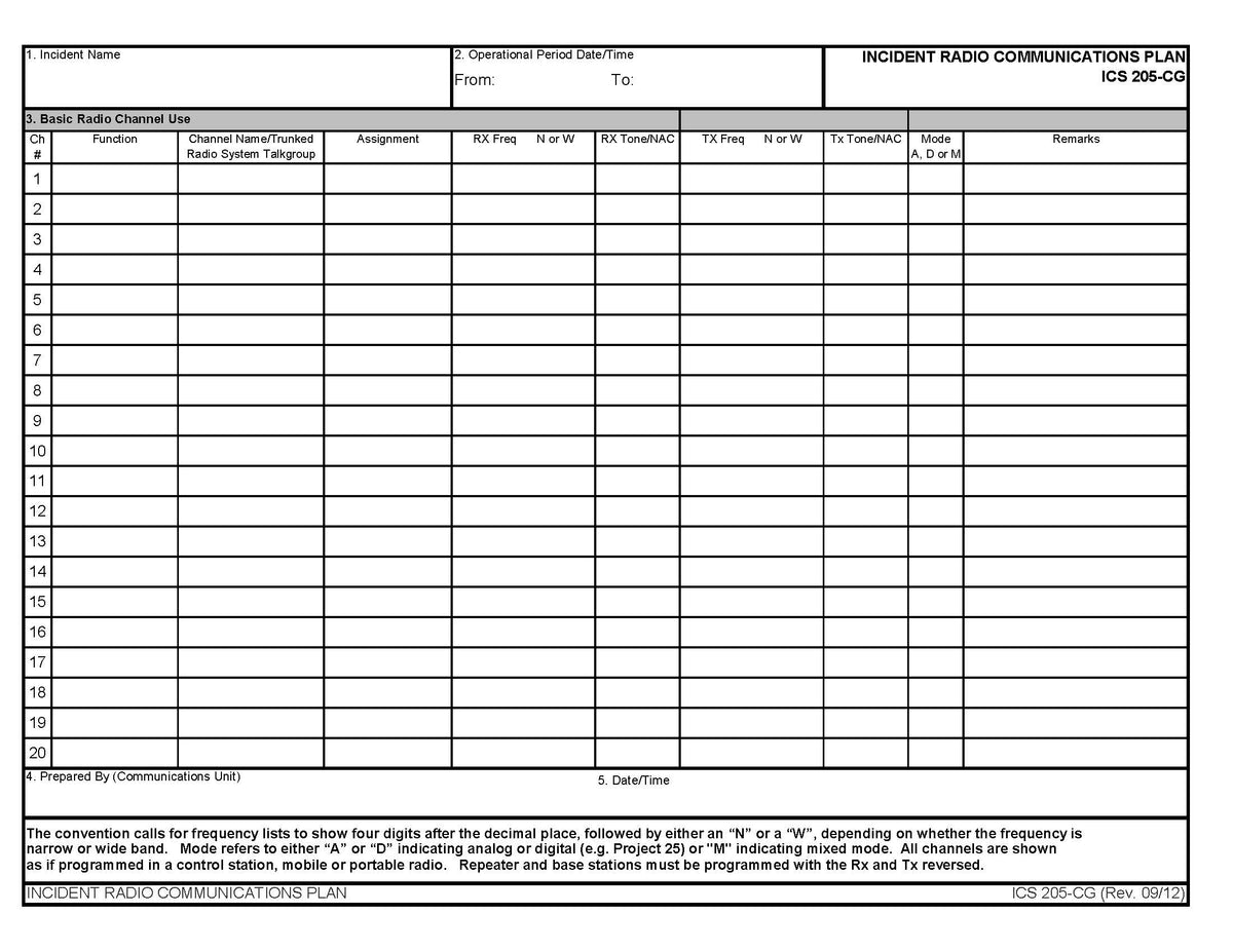 Ics Communication Form ICS-205 Incident Radio Communication Plan Form