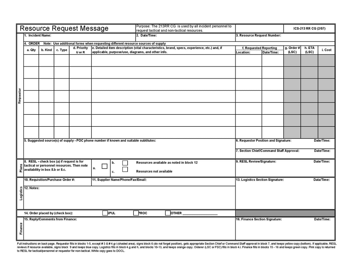 Ics Finance. Message Example ICS-213RR Resources Request Message Form Poster