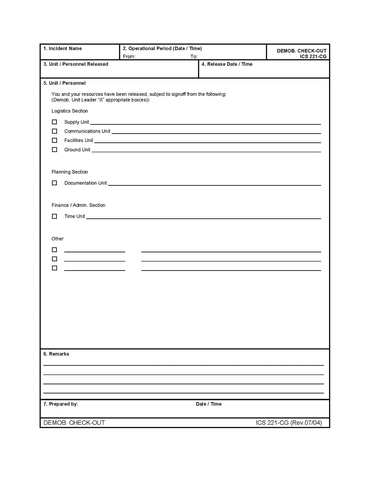 Ics 221 ICS-221 Demobilization Checkout Form Poster