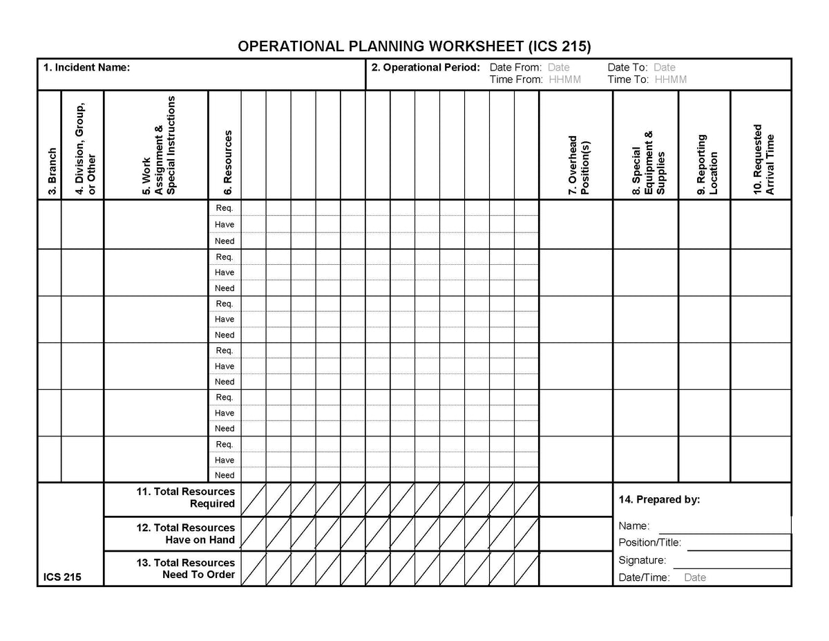 Isc Planning P ICS-215 Operational Planning Worksheet Form
